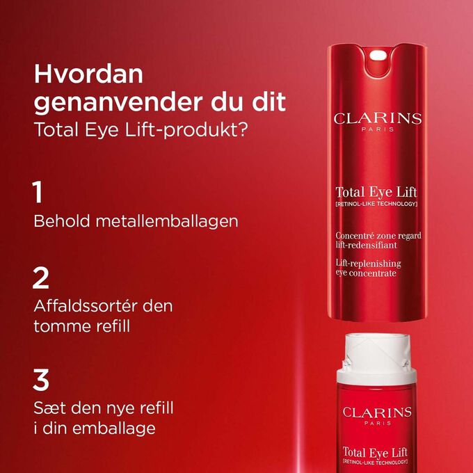 Hvordan man genanvender Clarins Total Eye Lift: Behold metalemballagen, affaldssort&eacute;r den tomme refill, og inds&aelig;t en ny refill i emballagen.