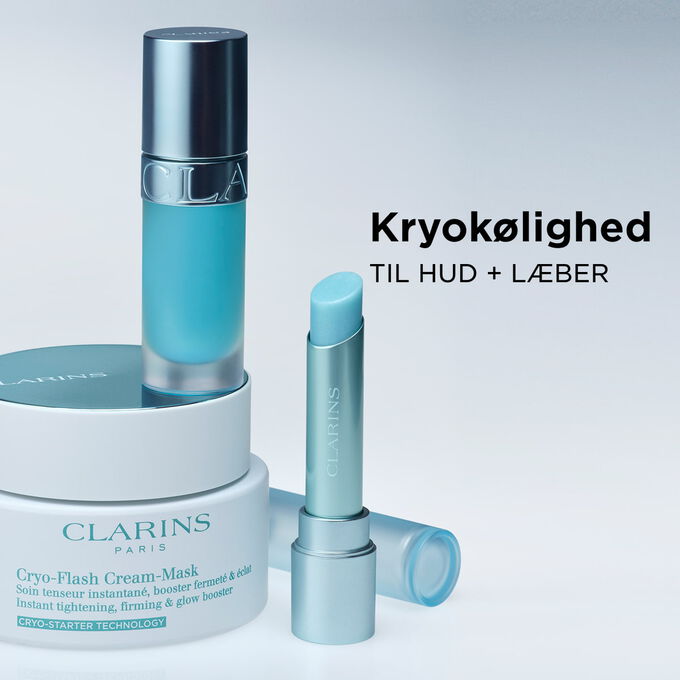 Packshot af Clarins Cryo Coolness-serien til hud og l&aelig;ber, der viser k&oslash;lende og beroligende produkter med plumpende effekt