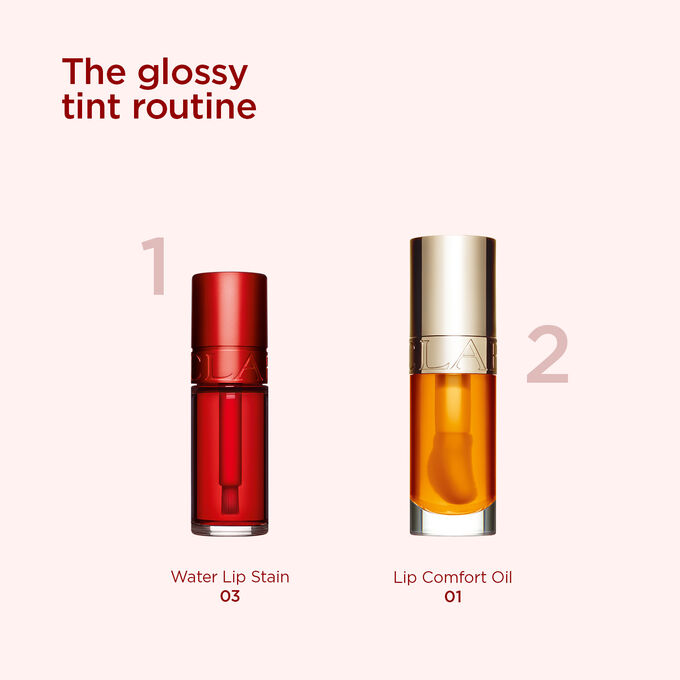 Udvalg af Clarins glansprodukter til dagligt fugtede og naturligt farvede læber med en strålende finish.