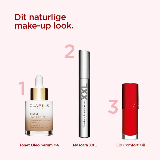 Clarins makeup anbefaling for at opnå et naturligt look, med et farvet serum, voluminøs mascara og rød læbeolie