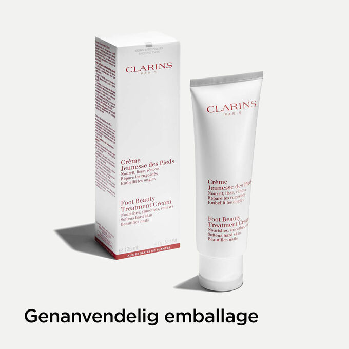 Tube of Clarins Foot Beauty Treatment Cream next to its packaging to illustrate the recyclable origin of the packaging.