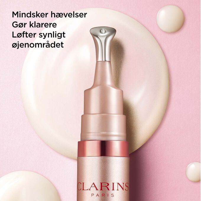 Clarins V Shaping Facial Lift Eye cream, with text highlighting its depuffing, brightening, and lifting fects on eye contour.