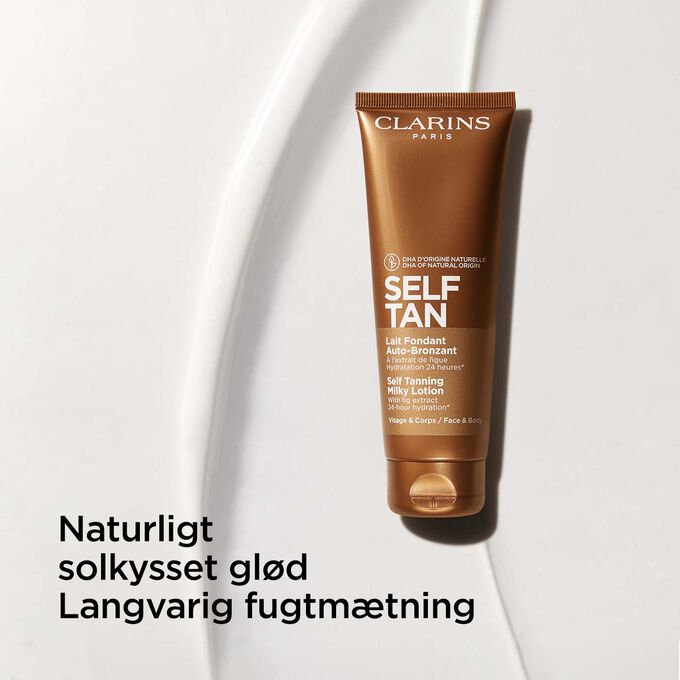 Packshot of Clarins Self Tanning Milky Lotion, highlighting its benits for a sun-kissed glow and long-lasting hydration.