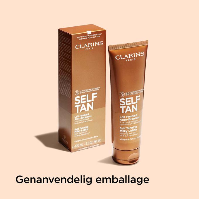 Tube of Clarins Self Tanning Milky Lotion and its packaging to illustrate the recyclable origin of the packaging.