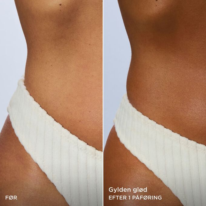 F&oslash;r- og efterbillede af en kvindes krop, der viser en naturlig gylden gl&oslash;d efter &eacute;n p&aring;f&oslash;ring af Clarins Body Self-Tan Lotion