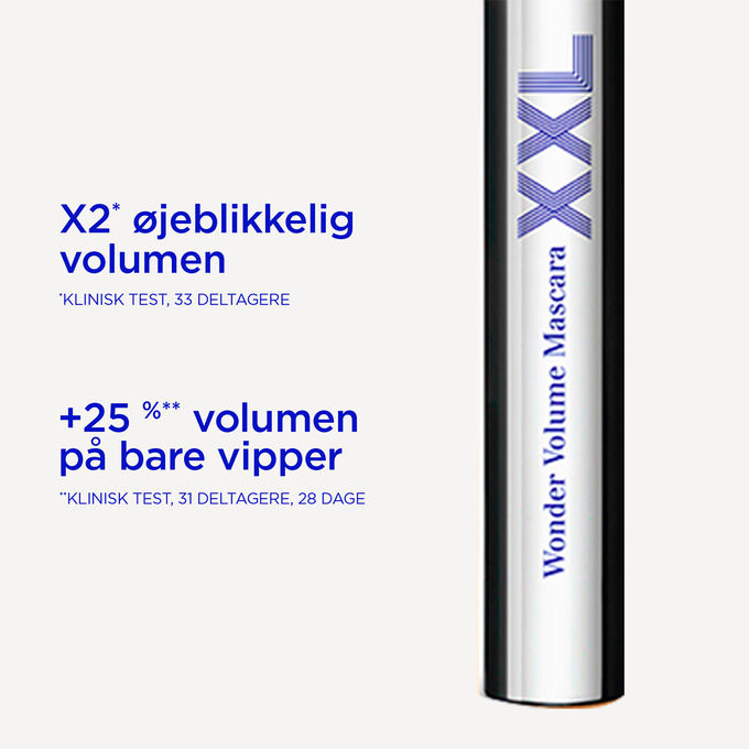 N&aelig;rbillede af Clarins Blue Mascara Supra Volume XXL, der fremh&aelig;ver dens &oslash;jeblikkelige X2-volumeneffekt og 25 % &oslash;gning p&aring; bare vipper