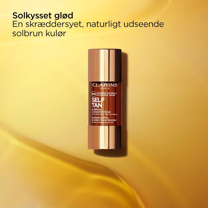 Packshot of Clarins Radiance-Plus Golden Glow Booster for Face, with text highlighting it provides a sun-kissed glow.