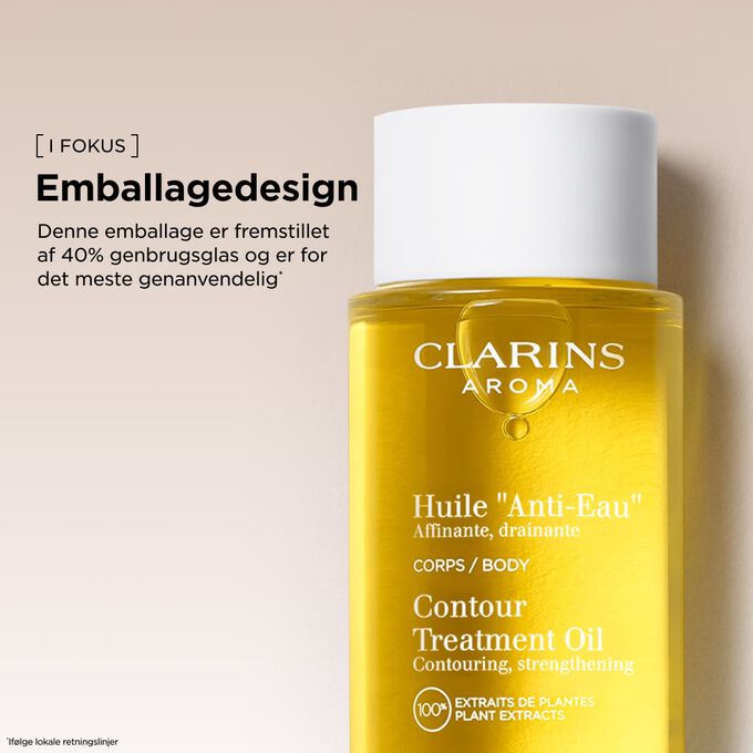 Clarins olie mod h&aelig;velser i en emballage lavet af genanvendt glas, som underst&oslash;tter mere b&aelig;redygtige sk&oslash;nhedsprincipper.