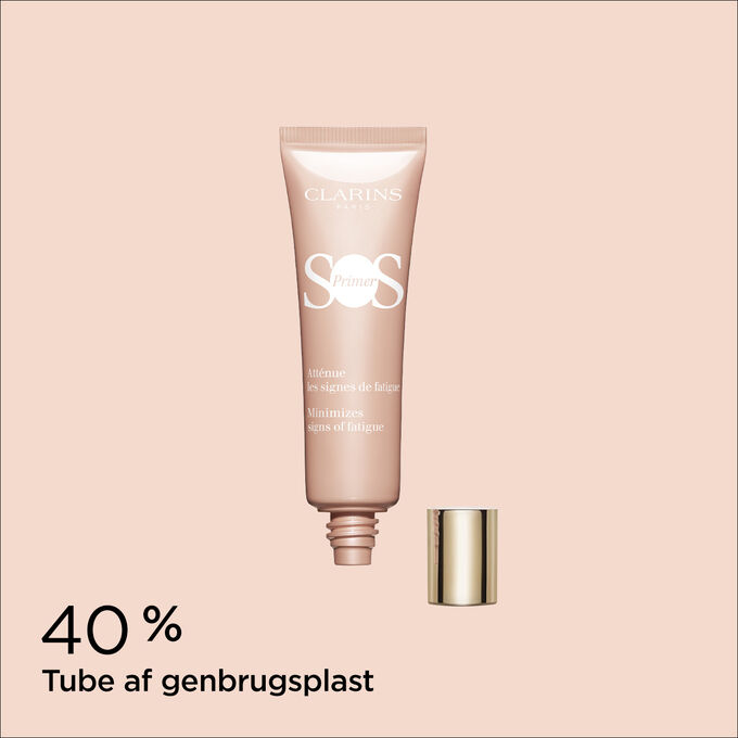 Packshot of SOS Primer Pink by Clarins with text emphasising its packaging is made of 40% recycled plastic.