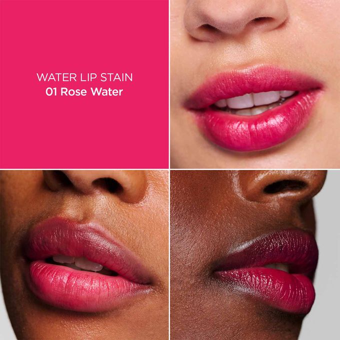 Nærbillede af en kvindes læber, der illustrerer resultatet af påføring af Fushia Water Lip Stain i nuance 01, som giver fugt, farve og mat finish.