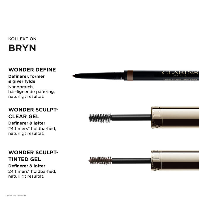 Clarins brynrutine med must-haves: Wonder Define, Sculpt-Clear Gel og Sculpt-Tinted Gel til et naturligt l&oslash;ft og 24 timers holdbarhed.