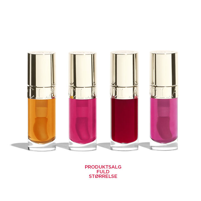 Photoshoot of the products in Clarins Lip Comfort Oil Gift set: 4 full-size Lip stains in orange, fushia, purple and pink.