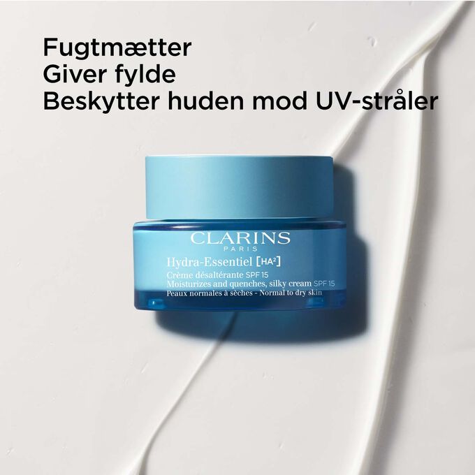 Packshot of Clarins Hydra-Essentiel SPF15 with text emphasising its UV protecting action and its plumping benefits.