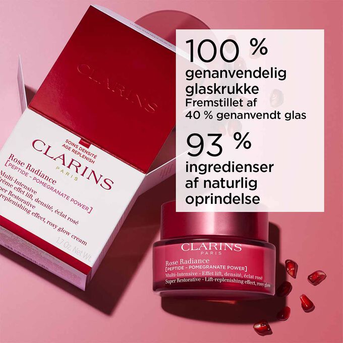 Super Restorative Rose Radiance med 100 % genanvendelig glaskrukke og 93 % ingredienser af naturlig oprindelse.