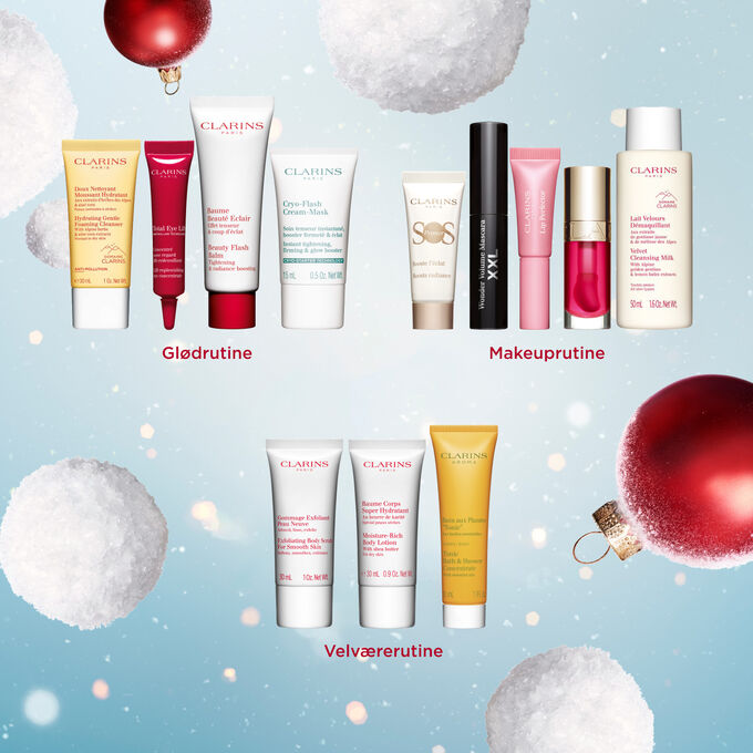 Packshot af 12 Days Makeup julekalender med 2 produkter i fuld størrelse, 7 prøvestørrelser og 3 minis fra Clarins' essentials sortiment Packshot af 12 Days Makeup julekalender med 2 produkter i fuld størrelse, 7 prøvestørrelser og 3 minis fra Clarins' essentials sortiment