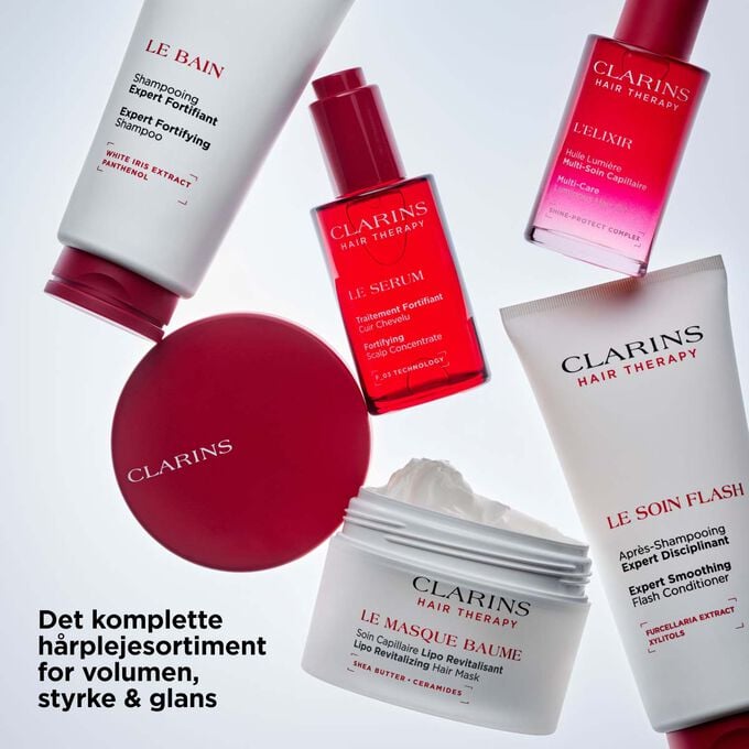 Clarins Hair Therapy fulde sortiment: fem behandlinger til hovedbund og h&aring;r for at &oslash;ge volumen, styrke og glans.
