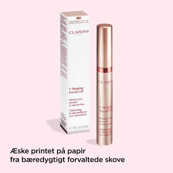 Clarins V Shaping Facial Lift Eye contour gel and its packaging to illustrate the recyclable origin of the packaging.