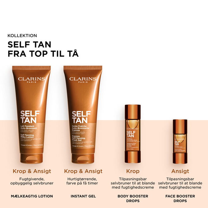 Packshot af Clarins brun-uden-sol-sortiment, inklusive Self-Tanning-produkter til ansigt og krop, for en str&aring;lende, gylden og solkysset gl&oslash;d.