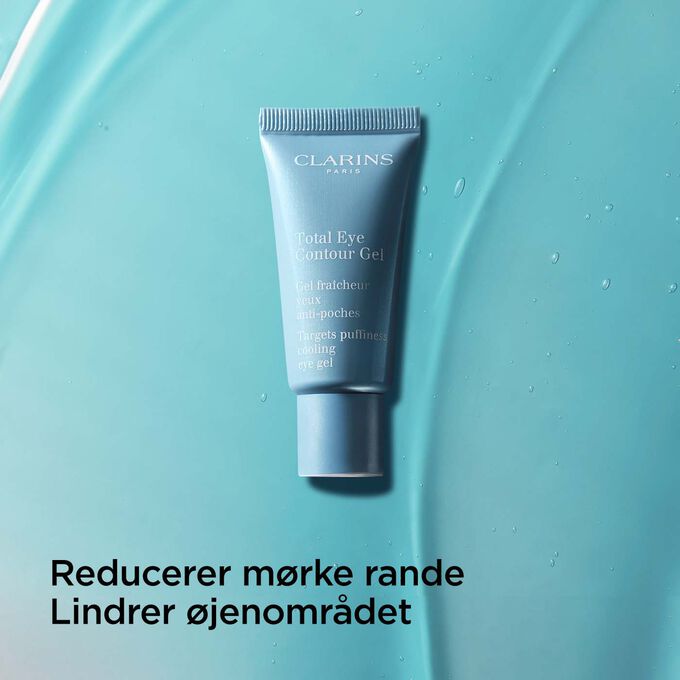 Packshot of Clarins Total Eye Contour Gel with text highlighting its ability to minimise dark circles and soothe the eye contour