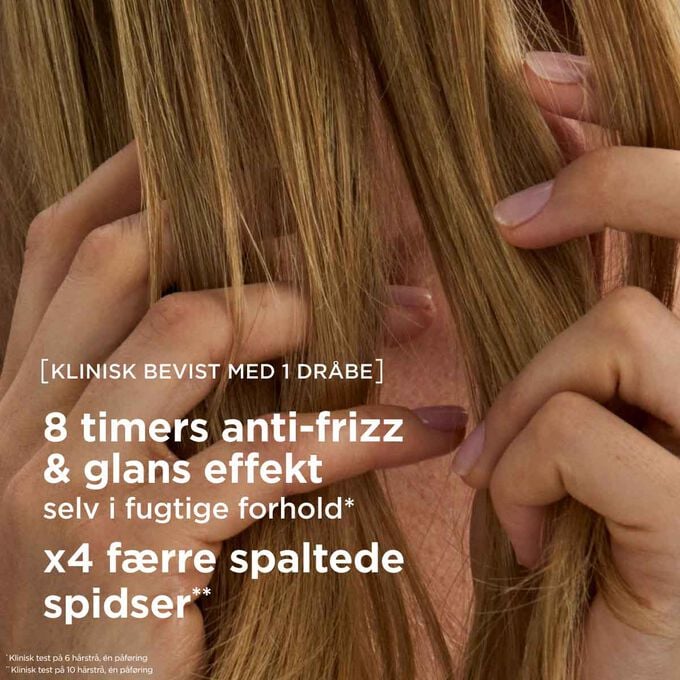 Anti-frizz h&aring;roliebehandling, der t&aelig;mmer krus i op til 8 timer, giver glans og efterlader h&aring;ret med op til 4 gange f&aelig;rre spaltede spidser &ndash; selv i fugtige forhold.