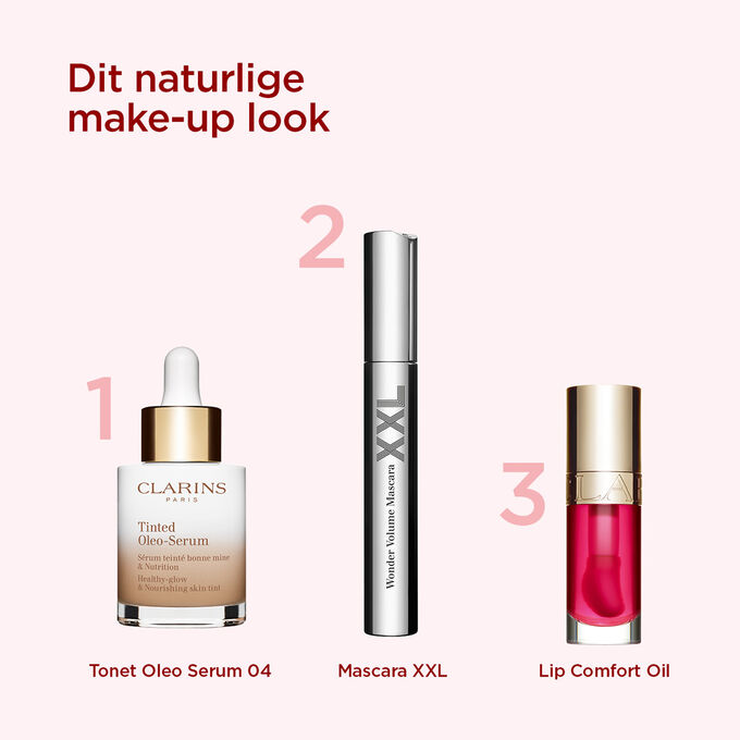 Clarins makeup anbefaling for at opnå et naturligt look, med et tonet serum, voluminøs mascara og læbeolie