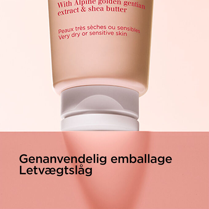 Fokus p&aring; l&aring;get p&aring; den milde skummende rens for at illustrere den genanvendelige emballage og det lette l&aring;g.