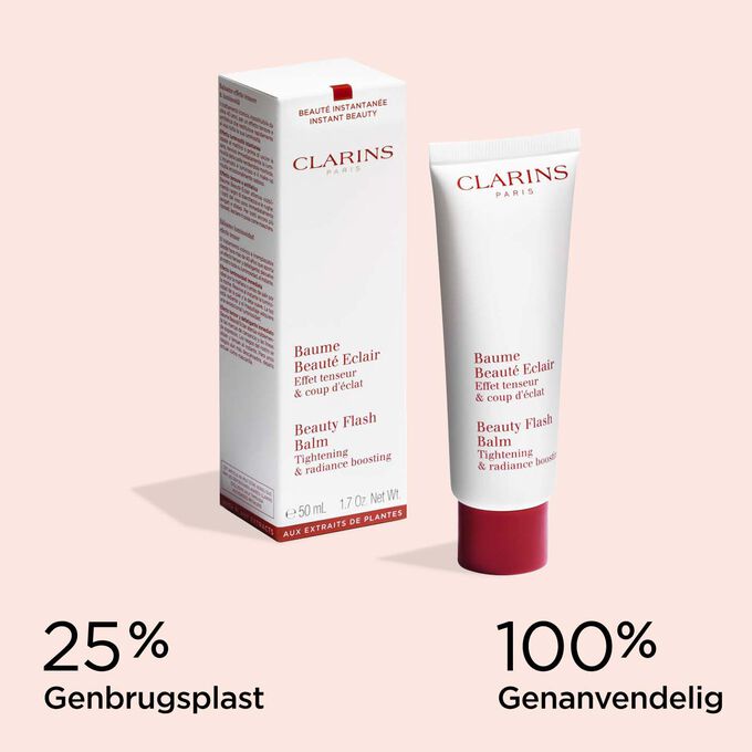 Tube of Clarins Beauty Flash Balm with its packaging, illustrating the recyclable origin of the materials.