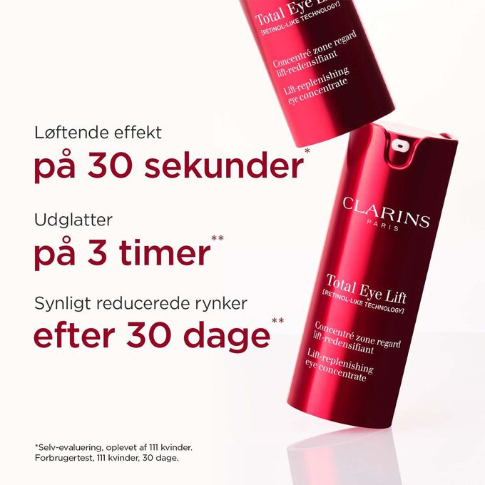 Packshot af Clarins Total Eye Lift med tekst, der fremhæver dens løftende effekt på 30 sekunder, udglattende effekt på 3 timer og rynkereducering på 30 dage.