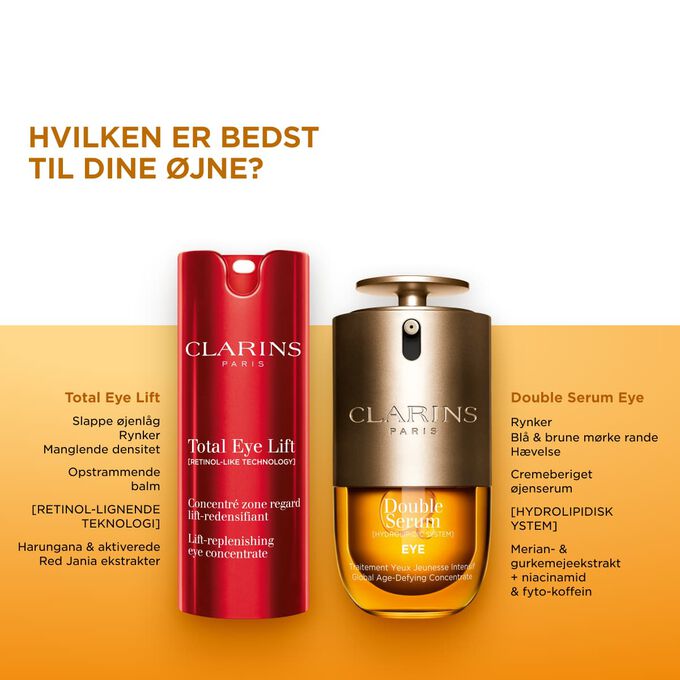 Sammenlign Total Eye Lift og Double Serum Eye &oslash;jenkonturserum for at finde din bedste anti-age &oslash;jenpleje.
