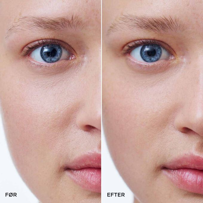 F&oslash;r- og efterbillede af en kvindes bryn med Clarins Not Teinted Brow Gel, som viser l&oslash;ftede, strukturerede og naturligt definerede resultater.