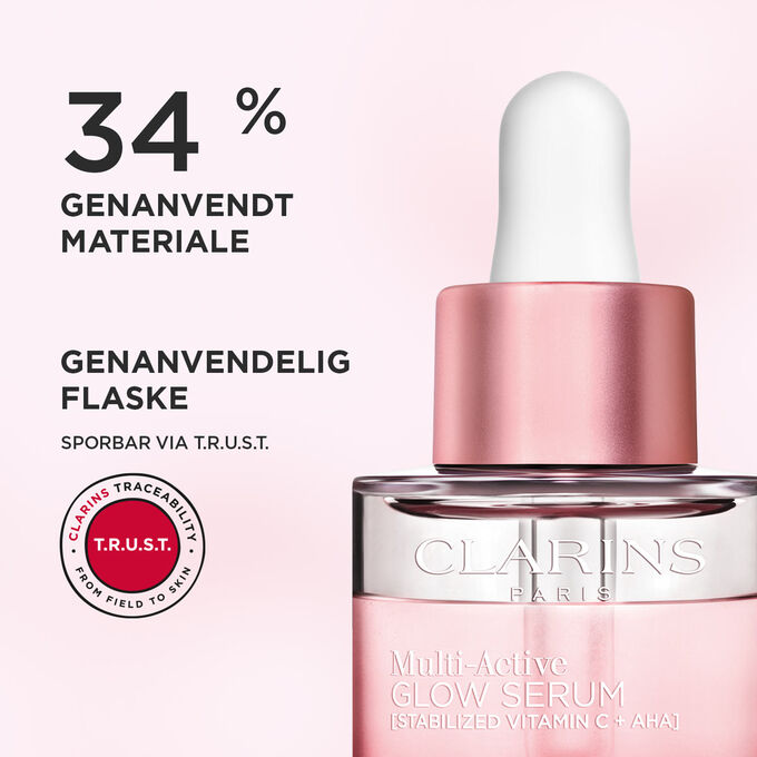 Nærbillede af toppen af Multi-Active Glow Serum-flasken, som fremhæver 34 % genanvendt materiale og et genanvendeligt design.