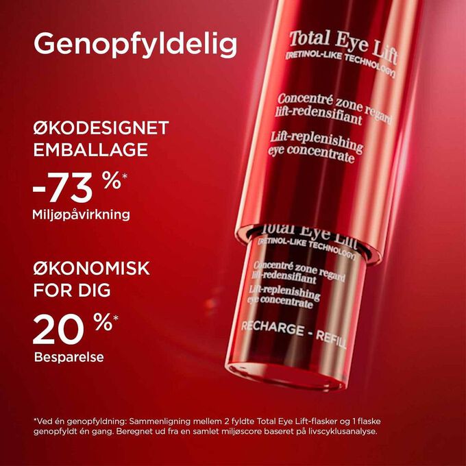 N&aelig;rbillede af Total Eye Lift-emballagen, der fremh&aelig;ver dens refill-mulighed med 73 % mindre milj&oslash;p&aring;virkning.