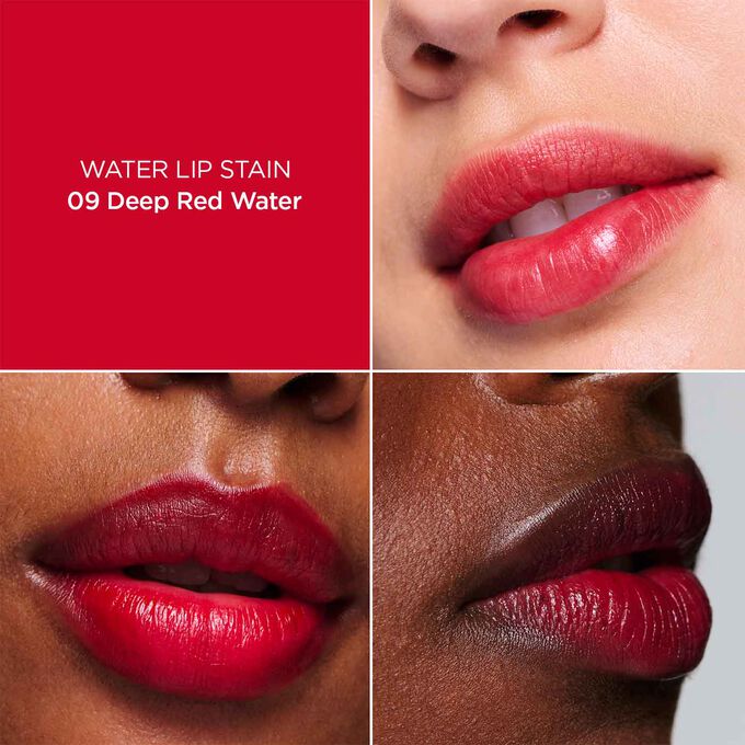 Nærbillede af en kvindes læber, der illustrerer resultatet af påføring af Dark Red Water Lip Stain i nuance 9, som giver fugt, farve og mat finish.