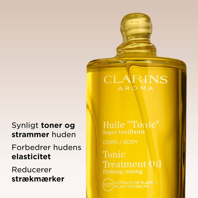 Clarins Tonic Body Treatment Oil til synligt at tone og opstramme huden samtidig med at reducere str&aelig;km&aelig;rker for en glat og fast hud.