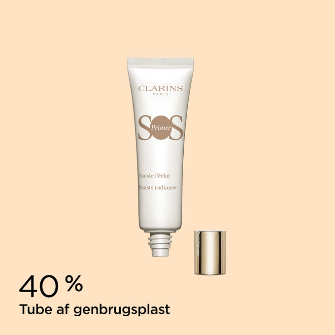 Packshot of SOS Primer White by Clarins with text emphasising its packaging is made of 40% recycled plastic.
