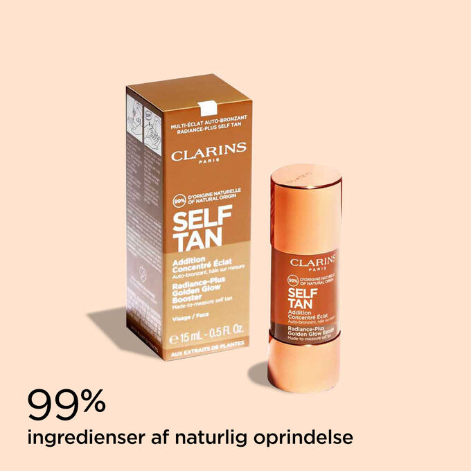 Photoshoot of Clarins Radiance-Plus Golden Glow Booster and its packaging to illustrate the natural origin of the ingredients