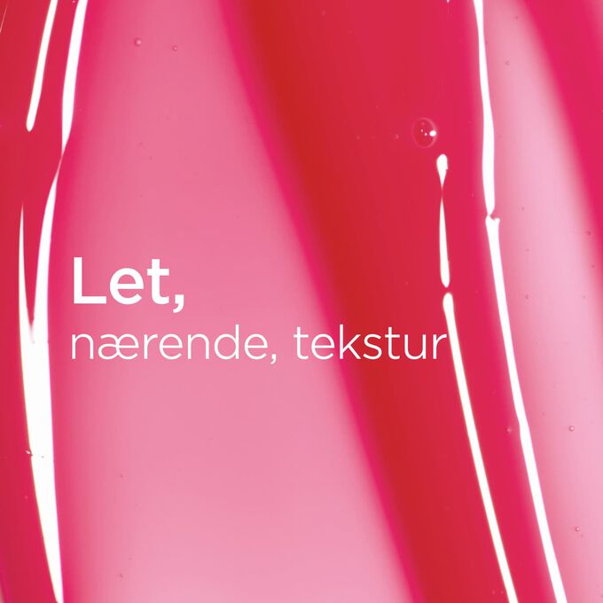 Tekstureret, glansfuld lyser&oslash;d baggrund med tekst, der fremh&aelig;ver den lette og glatte, n&aelig;rende tekstur i Lip Oil Love Collection.