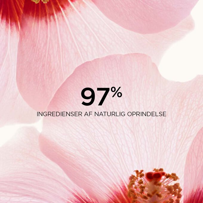 Close-up of two hibiscus flowers to highlight that 97% of the ingredients in the Renew-Plus Body Serum are of natural origin.
