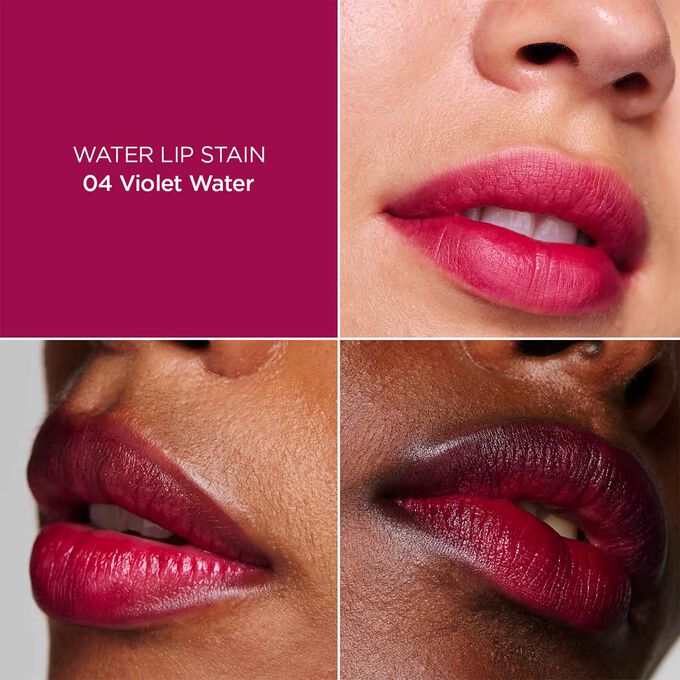 Nærbillede af en kvindes læber, der illustrerer resultatet af påføring af Pink Water Lip Stain i nuance 04, som giver fugt, farve og mat finish.