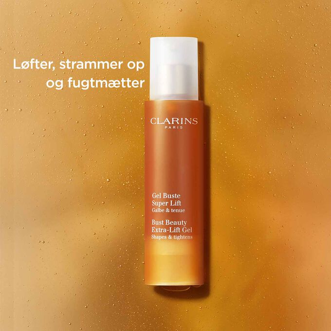 Packshot of Clarins Bust Beauty Extra-lift Gel with text emphasising the tightening and hydrating action of the product.