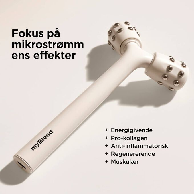 Hvid myLIFTINGroller til l&oslash;ftende ansigtsmassage vist med liste over anti-age mikrostr&oslash;mseffekter.