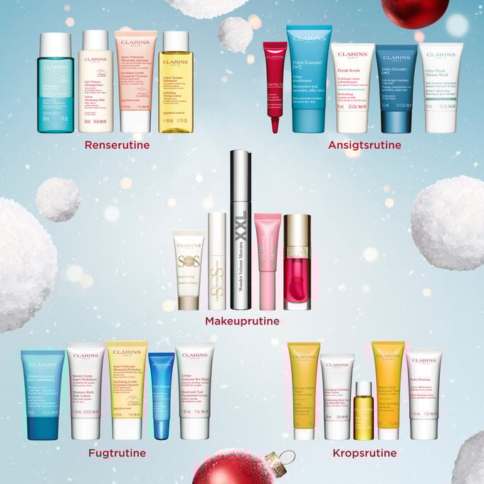 Packshot af Clarins’ Skincare & Make-up julekalender med 4 full-size produkter, 17 prøver og 3 minis. Packshot af Clarins’ Skincare & Make-up julekalender med 4 full-size produkter, 17 prøver og 3 minis.