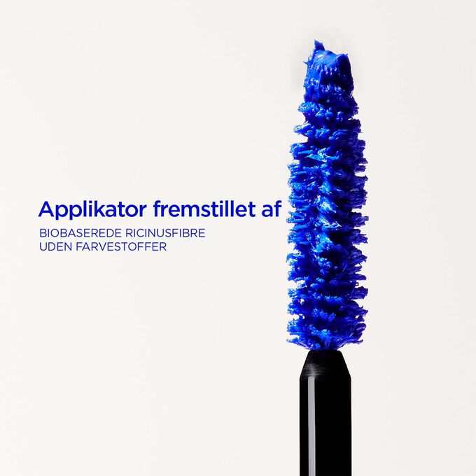 N&aelig;rbillede af b&oslash;rsten til Mascara Supra Volume XXL i bl&aring;, der fremh&aelig;ver dens biobaserede ricinusfibre uden tilsatte farvestoffer