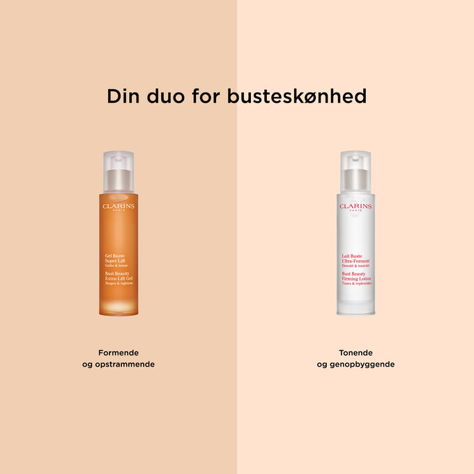 Packshot of Clarins' Bust Beauty duo: Extra-Lift Gel and Firming Lotion, the perfect pair to shape, tighten, tone, and replenish