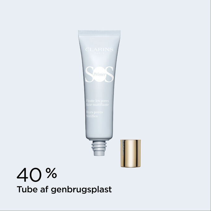 Packshot of SOS Primer Mattifying by Clarins with text emphasising its 40% recycled plastic tube.