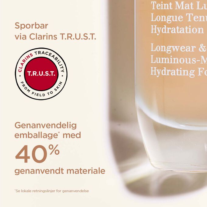 N&aelig;rbillede, der fremh&aelig;ver emballage fremstillet af 40 % genbrugsmateriale og sporbarhed via Clarins T.R.U.S.T.
