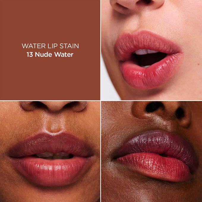 Nærbillede af en kvindes læber, der illustrerer resultatet af påføring af Brown Water Lip Stain i nuance 13, som giver fugt, farve og mat finish.