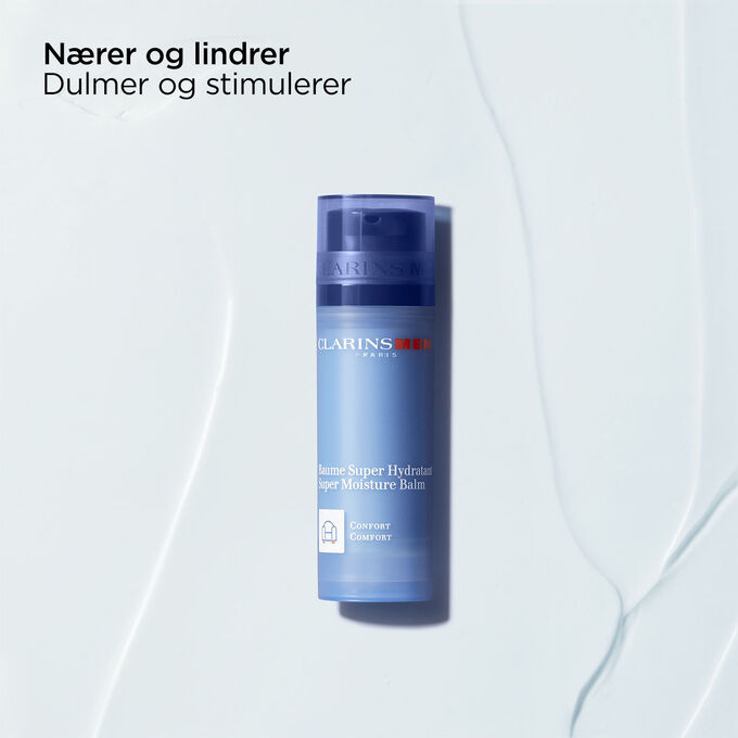 Packshot of ClarinsMen Super Moisture Balm with text emphasising the product’s soothing and energising power.