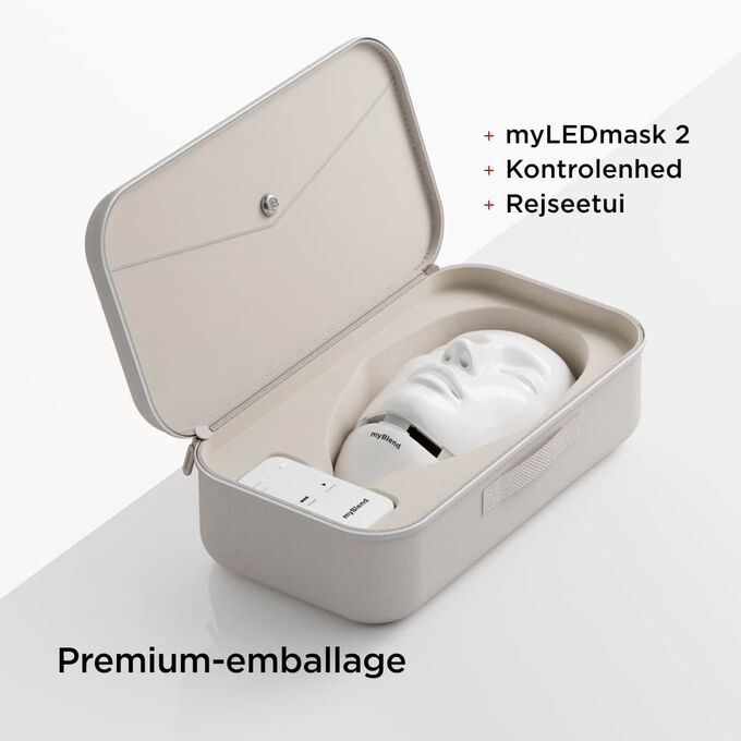 N&aelig;rbillede af myLEDmask2&rsquo;s premiumemballage med rejseetui og controller