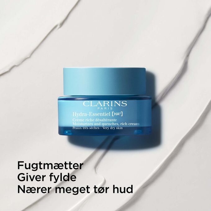 Image of Clarins Hydra-Essentiel Rich Cream, with hyaluronic acid for very dry skin, providing plumpness and nourishment.